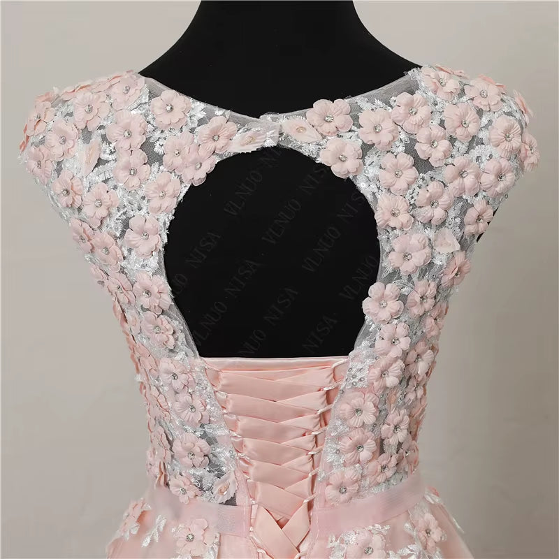 Customized Real Photo Pink Blue 3D Flower Appliques Sequin LACE Small Train Evening Dress Bride Banquet Long Prom Elegant Party