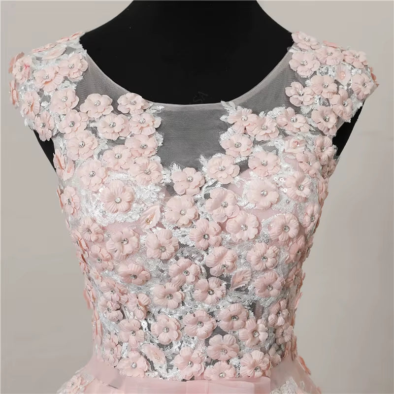 Customized Real Photo Pink Blue 3D Flower Appliques Sequin LACE Small Train Evening Dress Bride Banquet Long Prom Elegant Party