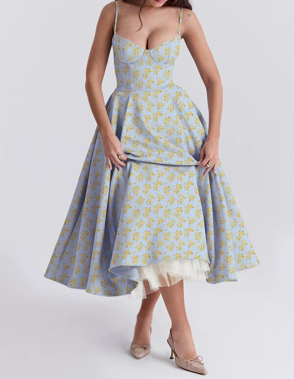 45515 Sommer New High-End Super Schöne Prinzessin Kleid Französisch Mesh Big Swing Halfter Kleid Frauen