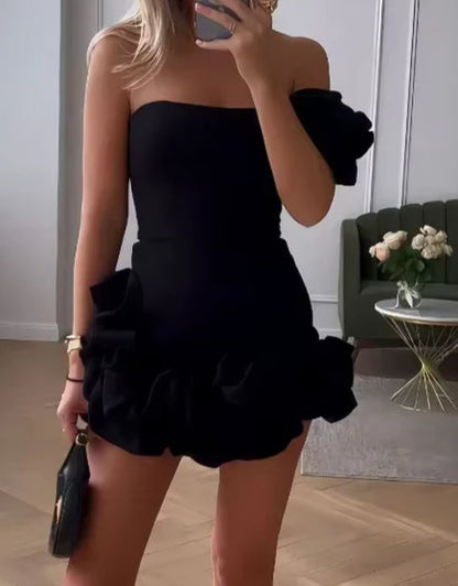 Elegant White Mini Dresses 3D Flower Luxury One Shoulder Sleeveless Pleated Cocktail Party Evening Bodycon Dress Female