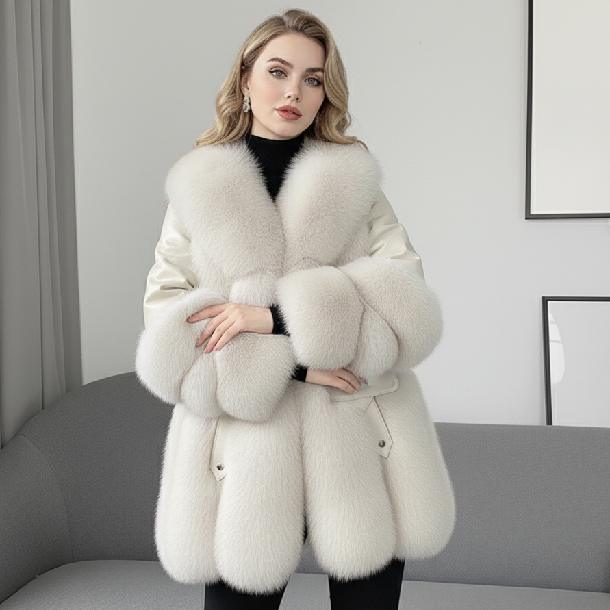 Geaca PU Vira cu Blana Autentica de Vulpe