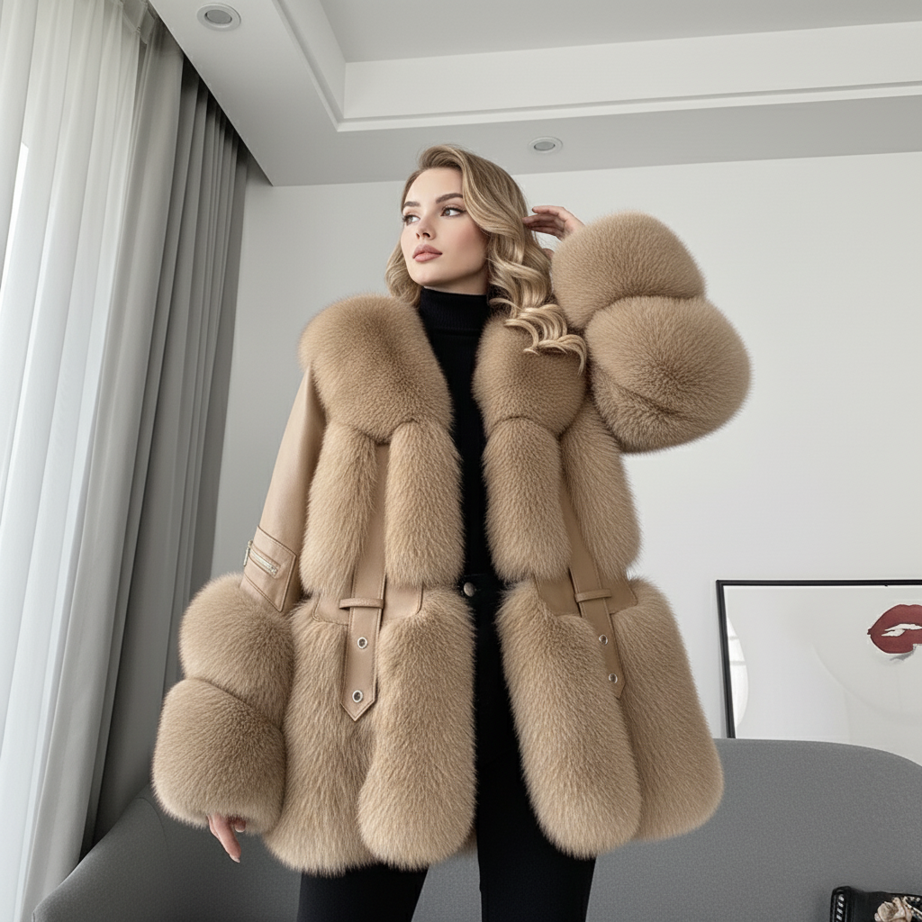 Geaca PU Vira cu Blana Autentica de Vulpe