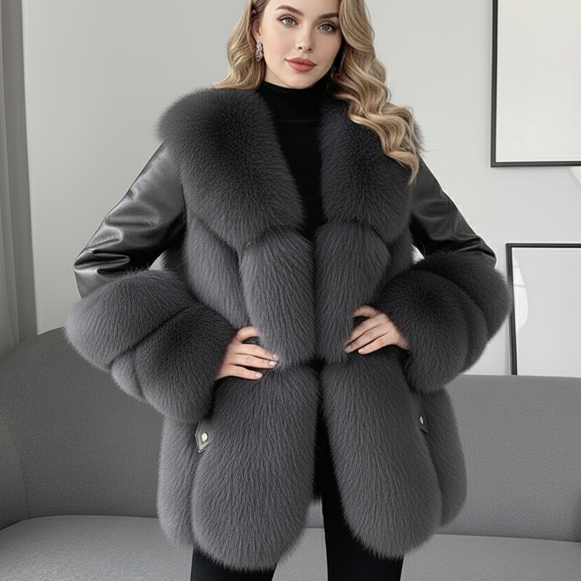 Geaca PU Vira cu Blana Autentica de Vulpe