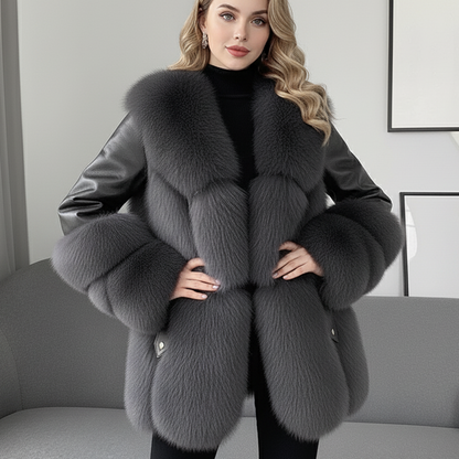 Geaca PU Vira cu Blana Autentica de Vulpe